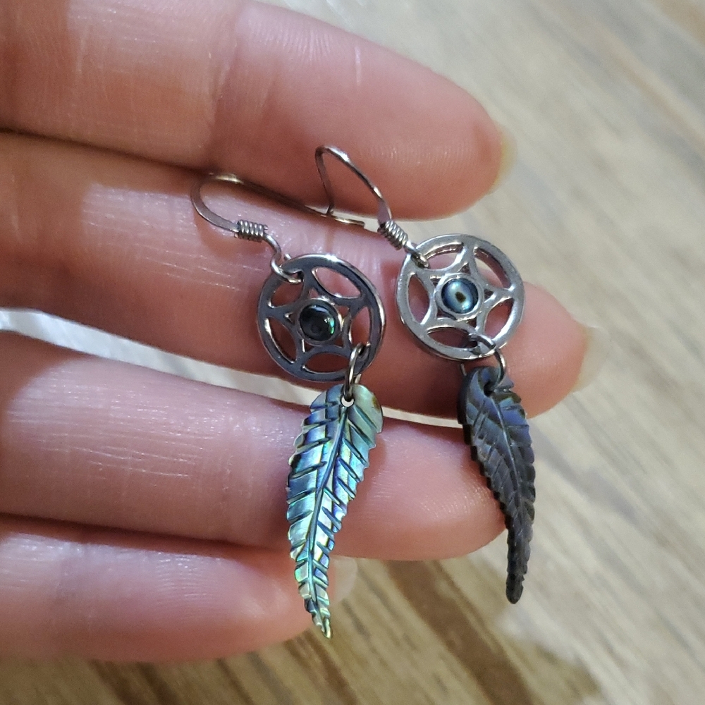 Dreamcatcher Abalone Feather Dangle Earrings - image 1